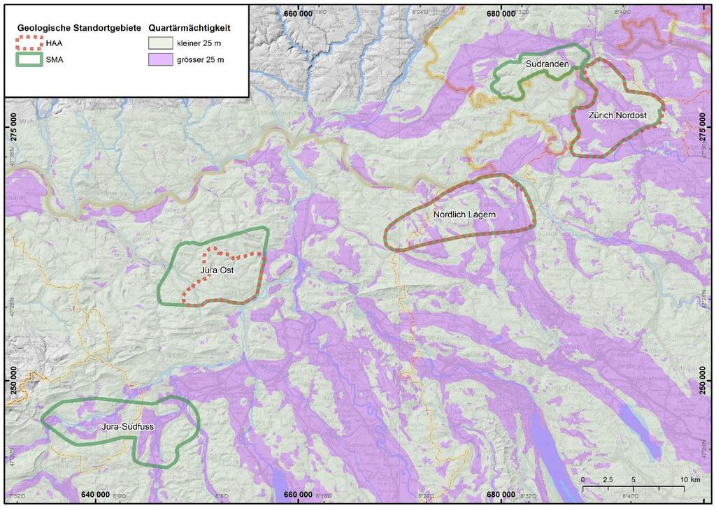 Abbildung 8: Karte mit eingezeichneter Quartärmächtigkeit > 25 m (lila) für die Nordschweizer HAA- und SMA-Standortgebiete als Basis auf die Bewertung des Parameters der Ankoppelung. 3.