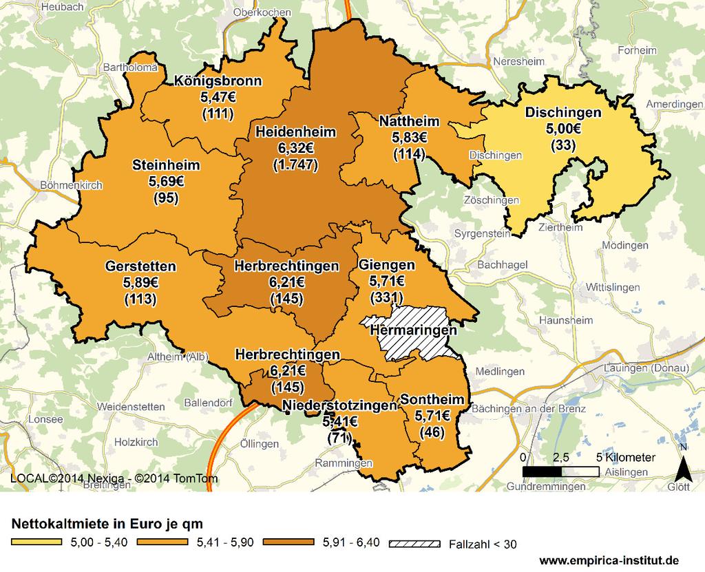 6 Angemessene Unterkunftskosten im Landkreis Heidenheim Erstauswertung 2015 Abbildung 2: Kommunale Mietniveaus auf Ebene der Gemeinden im Landkreis Heidenheim 2015* (Tabelle) Kommune Median Euro/qm