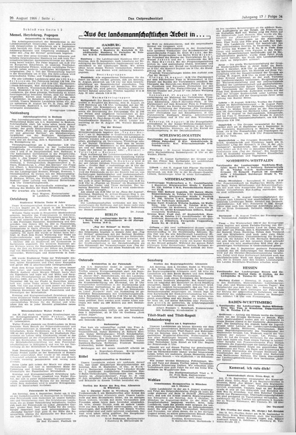 20. August 1966 / Seite i<_ Das Ostpreußenblatt Jahrgang 17 / Folge 34 Schluß von Seite 1 2 Memel, Heydekrug, Pogegen Mittelschullehrer Walter Probol t Am 28.