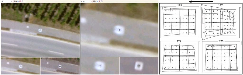 Abb. 5: Einfluss der Defokussierung eines DigiCAM Kamerakopfes am Beispiel des Passpunktes Nr. 3041029 in Zoom-Stufe 4x (links) und Zoom-Stufe 11,7x (Mitte).