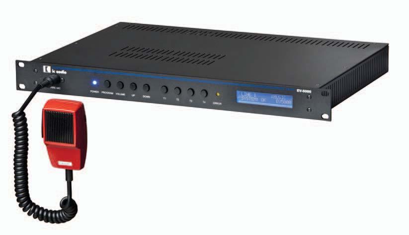 EV-5000 Features: Schlankes 19 Rack-Gehäuse, 1 HE Einfache Programmierung über Tasten und blauem Display Anschluss von 4 überwachten 100V-Leistungsverstärkern & 1 überwachtem 100V-Havarieverstärker