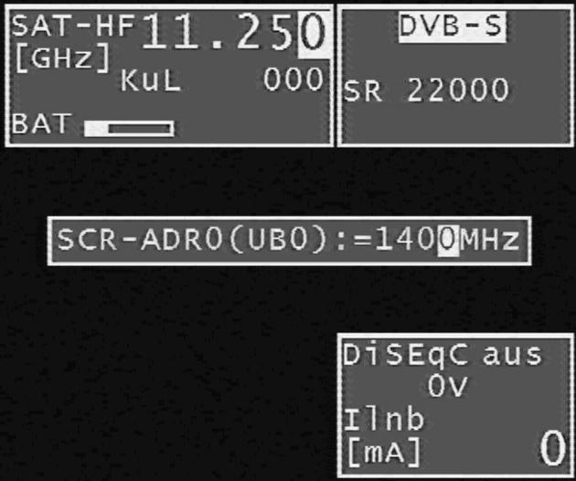 Kapitel 6 SAT-Messbereich 27 Hier kann zur ausgewählten SCR-Adresse die dazugehörige UB-Mittenfrequenz eingestellt werden.