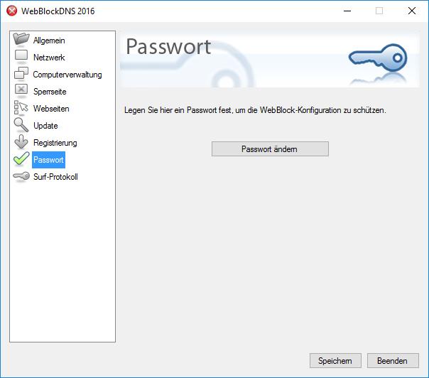 2.9 Passwort Sie können ein Passwort festlegen, um die Konfiguration der WebBlock Software zu schützen. Ausserdem kann dann das Programm nicht ohne Passworteingabe beendet werden.