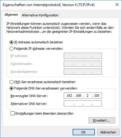 Klicken Sie auf Internetprotokoll Version 4 (TCP/IPv4) und auf Eigenschaften und setzen Sie den DNS Server auf die IP-Adresse Ihres PCs, auf dem der WebBlock DNS läuft.