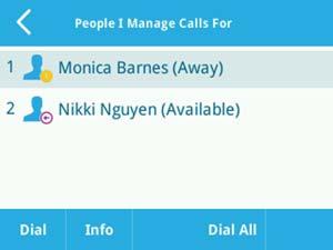 Gruppe der Vorgesetzten anzeigen In der Gruppe "People I Manage Calls For" (Personen, für die ich Anrufe verwalte) auf Ihrem Telefon und im Skype for