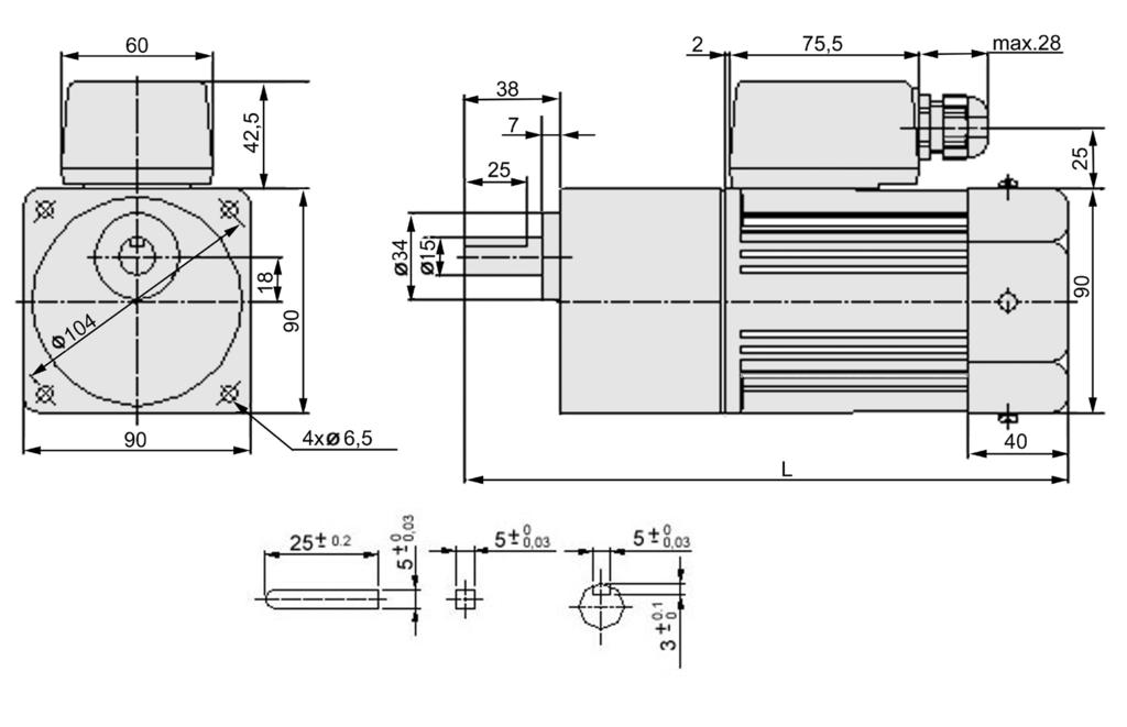 3~ 60 Watt 400V, 3~ - 400V +/- 10% - Dauerbetrieb S1 - Isolationsklasse E - Schutzart IP54 - Thermoschutz durch Temperaturschalter (120 C) Übersetzung i Drehmoment / Nm Id.- Nr.