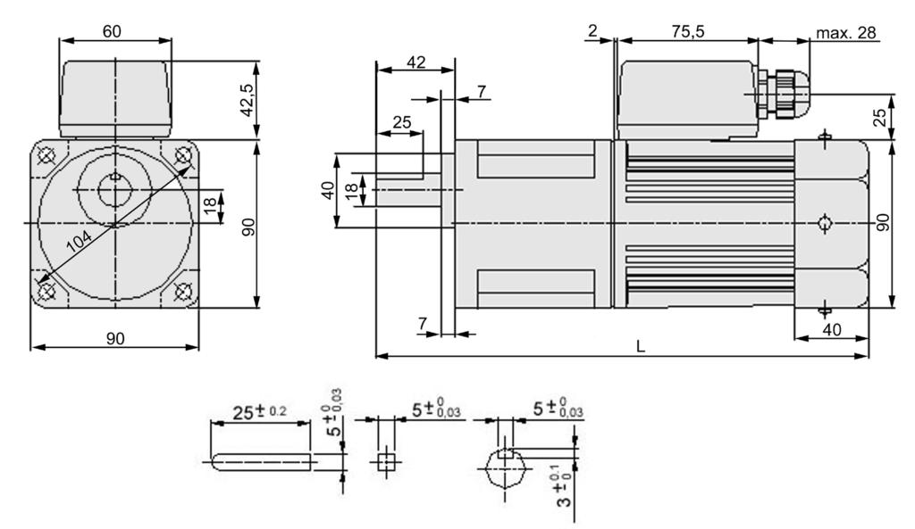 3~ 90 Watt 400V, 3~ - 400V +/- 10% - Dauerbetrieb S1 - Isolationsklasse E - Schutzart IP54 - Thermoschutz durch Temperaturschalter (120 C) Übersetzung i Drehmoment / Nm Id.- Nr.