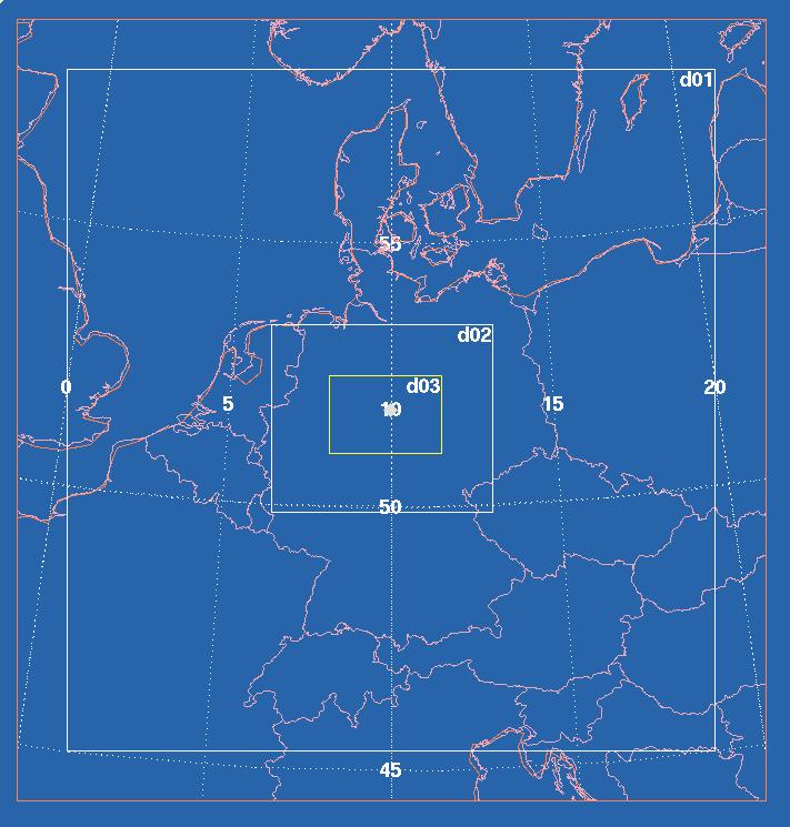 Von der Initialisierung zur Wellenflugkarte WRF mit 36 km Auflösung wird mit GFS Daten initialisiert (0,5 Auflösung) Aus dem 36 km Gitter wird ein 7,2 km Gitter initialisiert Aus dem 7,2 km Gitter
