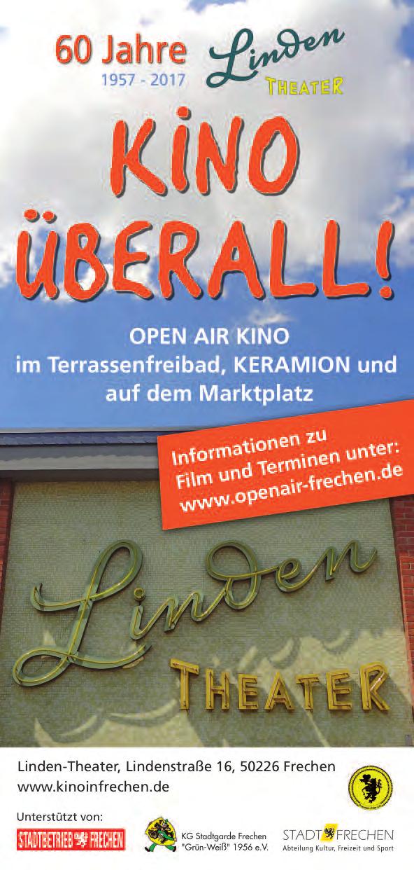 Das Programm wird zeitnah bekannt gegeben über Programmaushänge, Kino-Newsletter und Webseite. Kindergärten und Schulen erhalten Programmflyer. Linden-Theater, Lindenstraße 16 www.frechen-film.