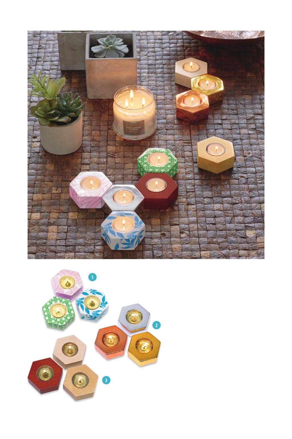 1. Teelichthalter Hexagon Keramik, Trio Sechseckige Keramikhalter mit verschiedenen Motiven, die sich nach Belieben kombinieren lassen. B: 10 cm. FürTeelichter. P92648 34,90/Trio 2.