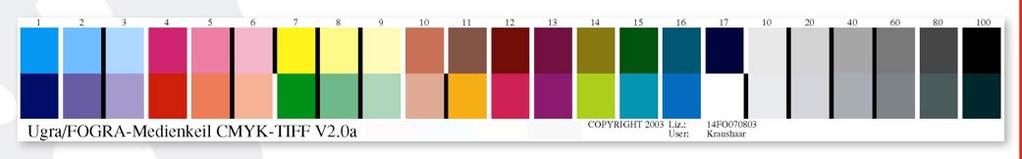 Kriterien - Farbgenauigkeit (Farbverbindlichkeit) Ugra/Fogra-Medienkeil CMYK V.2 / V.