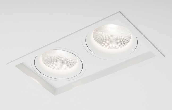 Einbaudownlight aus Aluminium Pulverbeschichtet in weiß oder schwarz Quadratischer Einbaurahmen, Strahler zurückversetzt Strahlerelement 350 drehbar und 30 schwenkbar Energieeffiziente COB LED mit