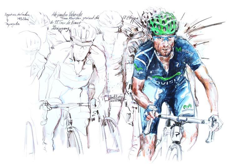 Etappe der Tour de France 2012 im Alleingang **** *** Farbstift/Aquarell Mischtechnik auf