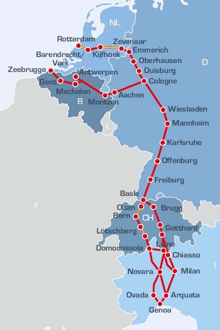 4. Zielzustand Verlagerungspolitik Die Verlagerungsziele der Schweiz lassen sich nur in der Bereitstellung eines wettbewerbsfähigen Korridors Rotterdam Genua zu erreichen Durchgehend leistungsfähig