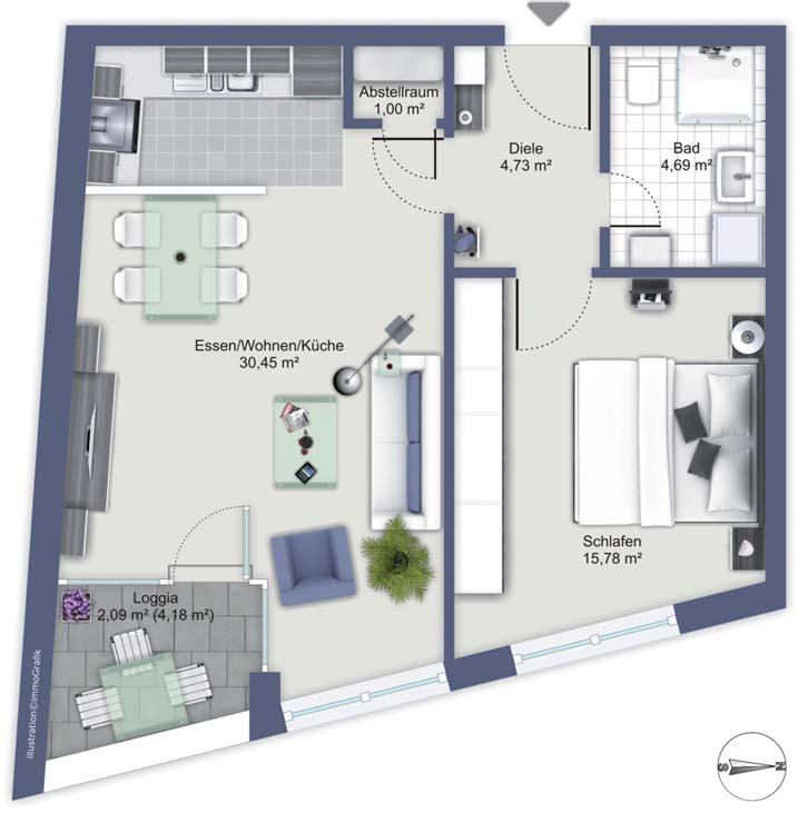 2 Zimmer Appartement Flair WHG 09 [Erdgeschoss] Lage Flächenberechnung (Circa Angaben) Abstellraum 1,00 m² Bad 4,69 m² Loggia, gesamt 4,18 m² Loggia, angerechnet 2,09 m² Diele