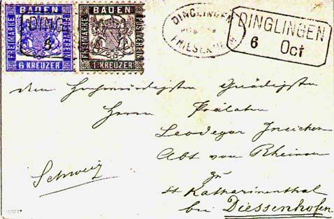 .10.06. Stempel : Typ 4 s. Tarif : Einheitstarif ab 1.9.1868 = 7 Kr. Leitweg : Über Basel Reg. Nr.