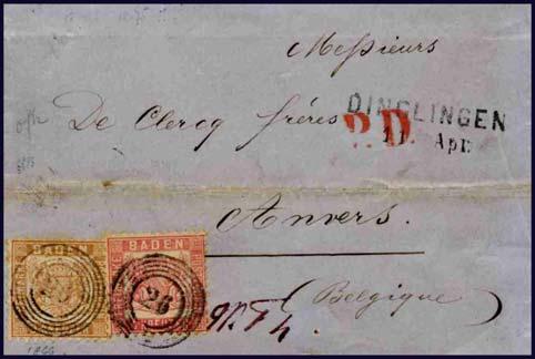 Mi. Nr. 18+20a auf Brief nach Belgien Absender : Aus PE Dinglingen Ziel: Antverpen/Belgien Marke : Mi. Nr. 18 + 20a Datum: 1866.