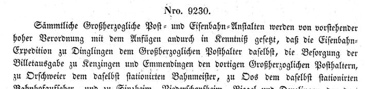 1871: Nachdem Post- und Eisenbahnexpeditor Martin Kuhn nach Efringen versetzt wurde, wird Vitus Zipf, bisher bei der Station Mühlburger Tor, als Post- und Eisenbahnexpeditor nach Dinglingen versetzt.
