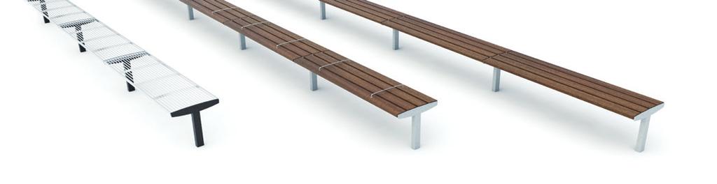 pieds centraux et latéraux en acier, assise en en lames de bois, avec composants séparateurs, en components, grates of steel or stainless steel