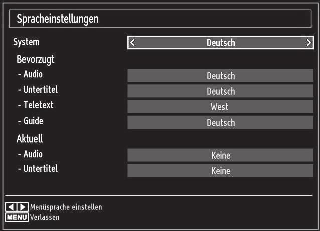 Optionen des Menüs Einstellungen Conditional Access: Einstellen der CA-Module, sofern vorhanden. Sprache: Legt die Spracheinstellungen fest. Kindersicherung: Legt die Jugendschutzeinstellungen fest.