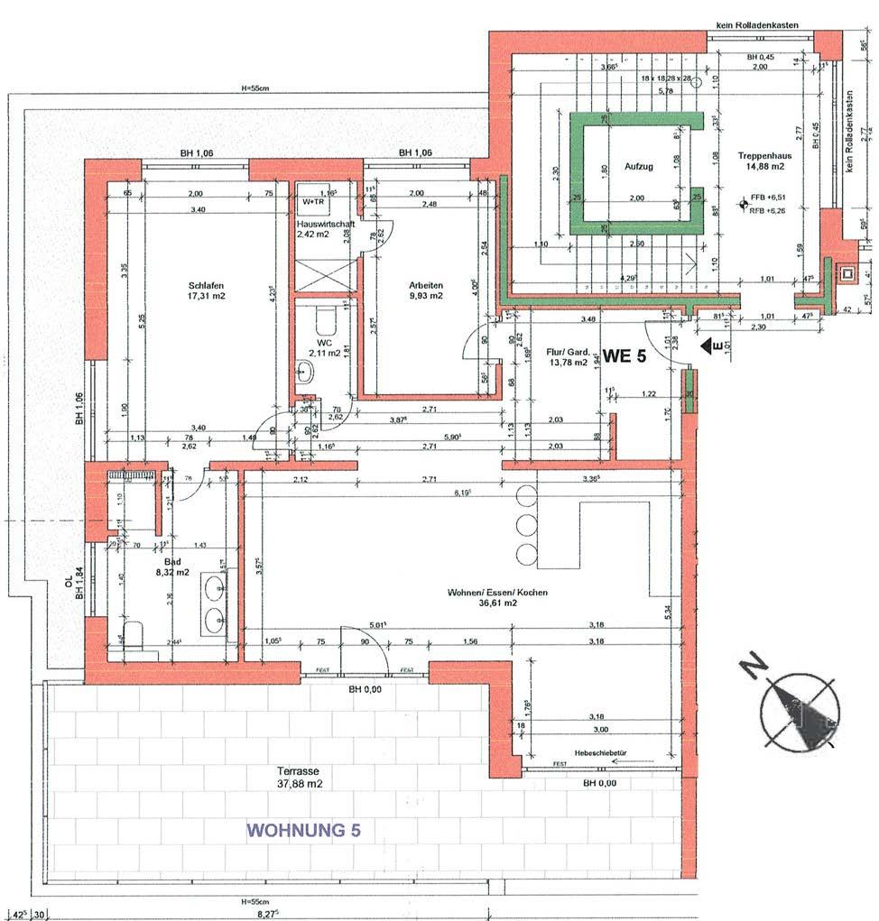GRUNDRISS Penthouse 1 (Wohnung 5) 109,5m² Penthouse 1 Sämtliche Terrassenflächen fließen nur zur Hälfte in die Netto-Wohnfläche ein.