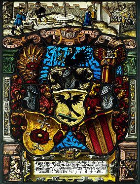 Lang, Allianzwappenscheibe Anna Stokar, 1564, Farbloses, hellblaues und grünes Glas, rotes Überfangglas mit rückseitigem, blaues Überfanglas mit vorderseitigem und rosa Überfangglas mit beidseitigem
