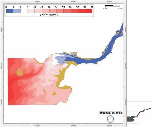 Abbildung 3: Vergleich des bei Cuxhaven gemessenen und modellierten Salzgehaltes für SZ5 (Sturmflut 1. November 2006) 10:00 UTC).
