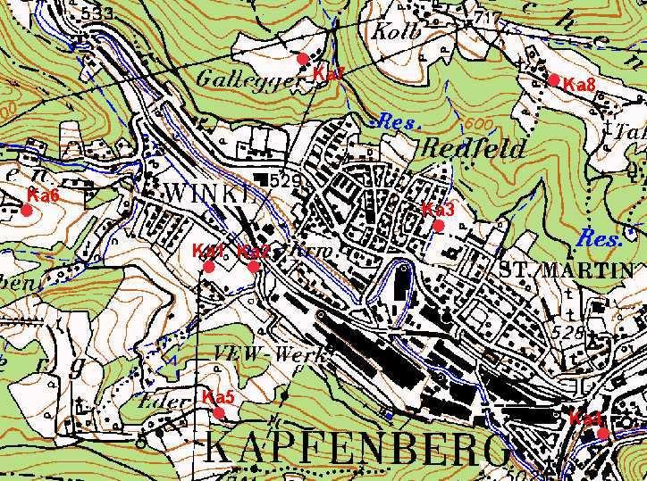 8.4.4 Messnetz Kapfenberg Abbildung 8: Messnetz Kapfenberg; Lage der Messpunkte Tabelle 46: Messnetz Kapfenberg; Staubdepositionen [mg/(m².