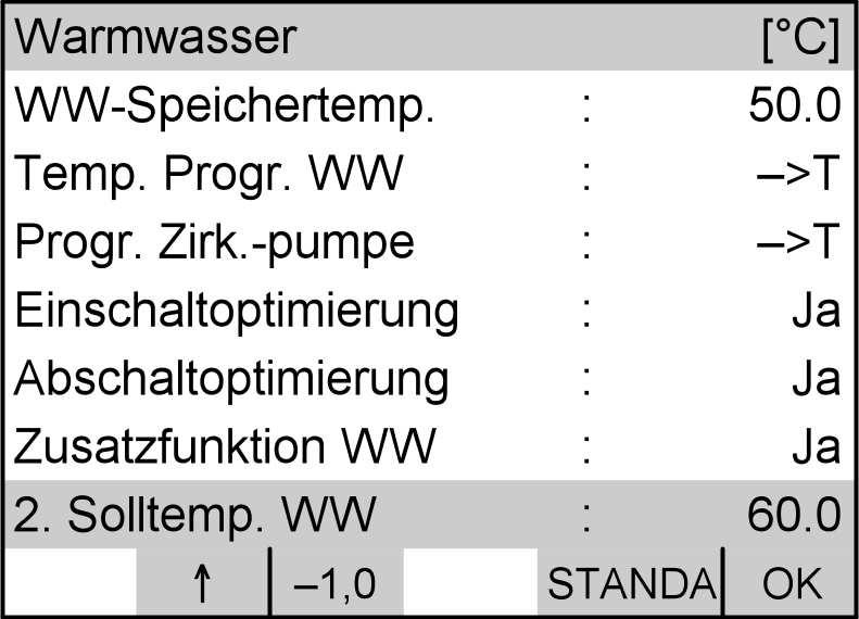 Weitere Einstellungen 2. Solltemperatur Warmwasser (Fortsetzung) 3. Warmwasser. 4. y/x bis 2. Solltemp. WW markiert ist (siehe Abbildung des Anzeigefensters). 5. 1/!