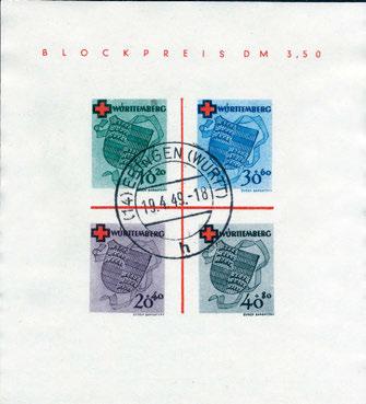 Stempel EBINGEN 19/4 49 (im Rand etw. wellig), sign. Schlegel BPP. Bl.1 4 1.800,- 300,- 9249 Rotes-Kreuz-Block, tadelloses Exemplar mit ideal aufges.