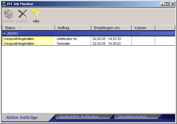 DRUCKDIENSTPROGRAMME 29 6 Klicken Sie auf Job Monitor starten. Daraufhin wird das Dialogfenster EFI Job Monitor geöffnet und die Verbindung zum Fiery hergestellt.