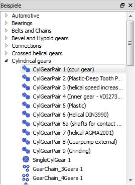 Auswahl von CylGearPair 1 (spur gear) oder über den Tab Beispiele geöffnet