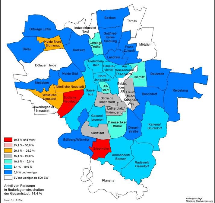 Demografische Entwicklung von Halle (Saale) 48 Der Anteil von Personen in Bedarfsgemeinschaften ein Kernindikator für die Betroffenheit von sozialen Problemen beträgt in der Südlichen Neustadt und