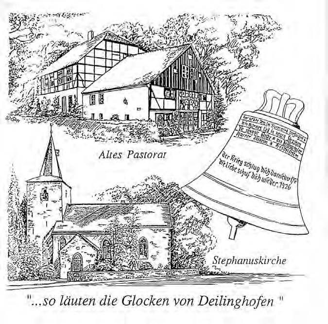 Deilinghofer Kirchenkachel: Das von Dümpelmann erbaute Alte Pastorat, die Stephanuskirche, in der auch einmal Strauß predigte und die Finger-Daumen-Ellenbogen-Glocke.