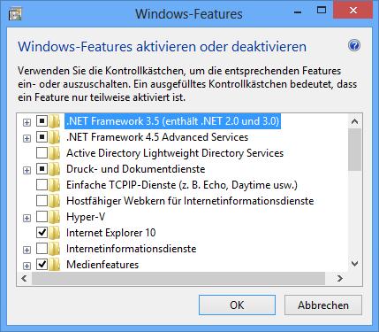 Installationsanleitung zu Kapitel 1 Wählen Sie im Windows Feature Dialog.Net Framework 3.5 (enthält.net 2.0 und 3.0) vom Anfang der Liste.
