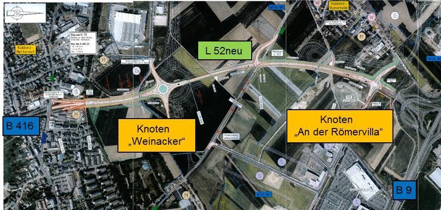 - 145 - Die Planung war überarbeitungsbedürftig: Geplante Nordumgehung Koblenz-Metternich - Der neue Verkehrsknoten Weinacker sollte als einspuriger Kreisverkehrsplatz ausgebildet werden.
