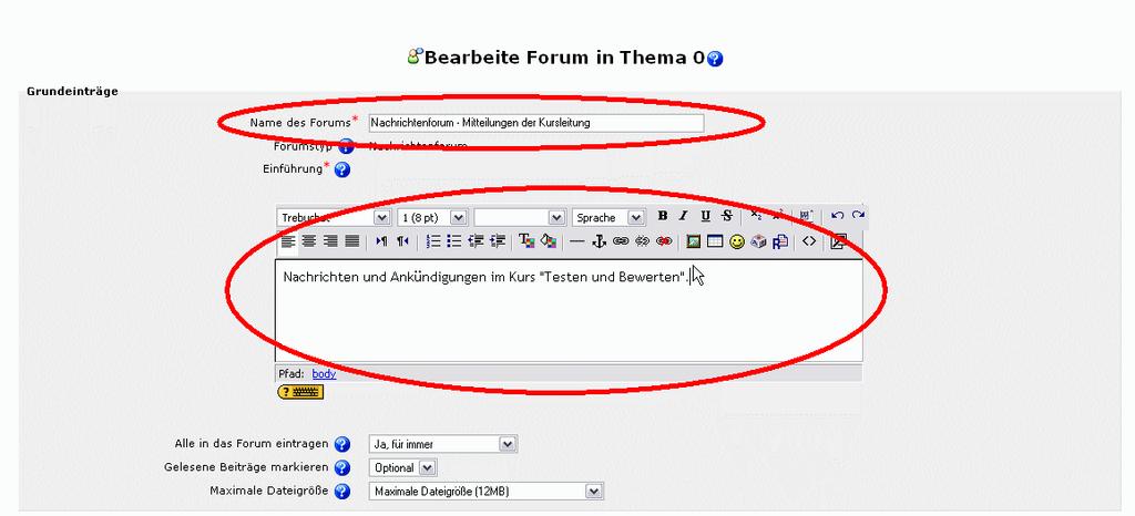 Es öffnet sich die Bearbeitungsseite. Sie können den Titel und die Beschreibung für das Forum ändern oder ergänzen.