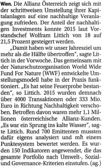 title Die Presse circulation 83.190 issue 01/02/2016 page 9 Allianz Österreich setzt auf nachhaltige Anlagen Die Versicherung hat für die Umstellung mit dem WWF zusammengearbeitet. Wien.