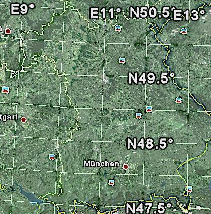 - 7 - Aufgabe 6 Koordinatensysteme Aus Google Earth ist das folgende geographische Koordinatengitter entnommen. Entnehmen Sie nachfolgend benötigte Werte aus der Karte (Maßstab ca. 1: 2900000)!