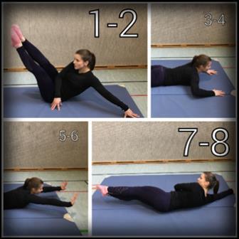 Sit-Ups Rückenlage 2: der linke Arm wird über den Variante 1: die Beine sind gebeugt auf dem Boden abgestellt, der Oberkörper rechten Arm auf die rechte Schulter gelegt liegt auf dem Boden auf 3: der