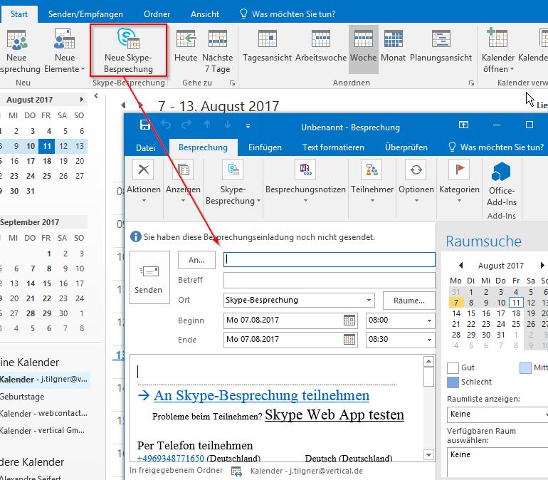 3.13.2 Eine Besprechung über Outlook planen Um eine Besprechung zu planen, sollte Skype for Business in Verbindung mit vertical Mail verwendet werden.
