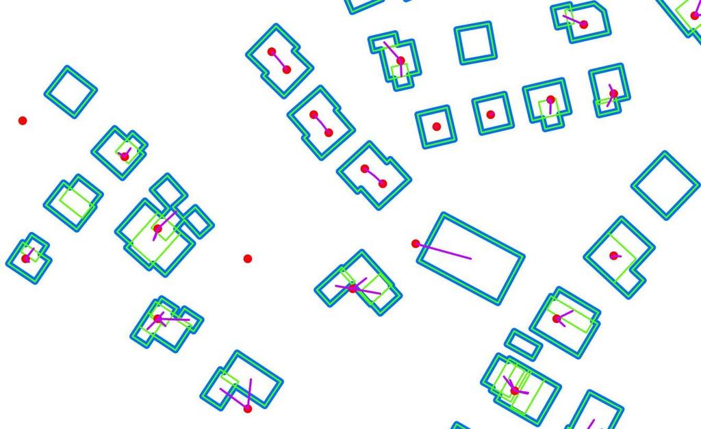 Abbildung 18: Ergebnis der Zuordnung für das Beispielgebiet in Abbildung 17. GWR (rote Punkte), Grundrisse swissbuildings 3D 2.