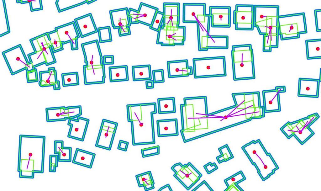 Die violetten Linien zeigen die Verbindung des GWR-Datenpunktes mit dem Mittelpunkt des Gebäudes, dem dieser zugeordnet wurde.
