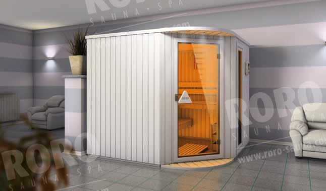 PANEELELEMENT-SAUNA KEMI Ausführung und Technik Design-Sauna aus 16 mm Paneel-Elementen mit Dampfsperre und Mineralwolle-Isolierung Wandstärke 73 mm Fünfeck-Ausführung