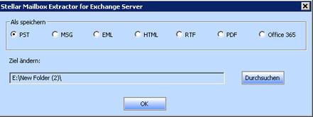 Speichere konvertierte Datei Stellar Mailbox Extractor for Exchange Server erlaubt Ihnen die konvertierten Dateien in verschiedenen Formaten wie PST, MSG, EML, HTML, RTF, PDF und Office 365 zu