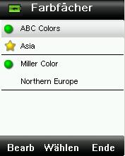 Bevorzugter Farbfächer und Region (falls vorhanden) 4. Verwenden Sie die Navigationstaste, um die Einstellungen für die Farbfächer aus der Liste auszuwählen. 5.