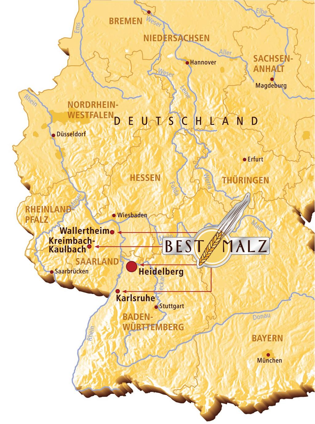 für die besten Biere Die MALZ-Mälzereien liegen in den besten Anbaugebieten Europas: Rheinland-Pfalz und Baden-Württemberg.