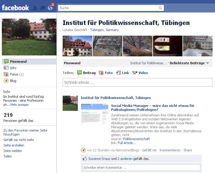 Hier die Facebook-Seite des Instituts für Politikwissenschaft Tübingen, angelegt und gepflegt von der Institutsbibliothek.