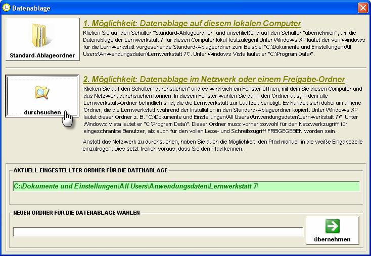 Es ist nun also erforderlich, dass diese Pfadangabe für den Datenablageordner wieder die korrekte Pfadangabe ist. Klicken Sie dazu auf durchsuchen!