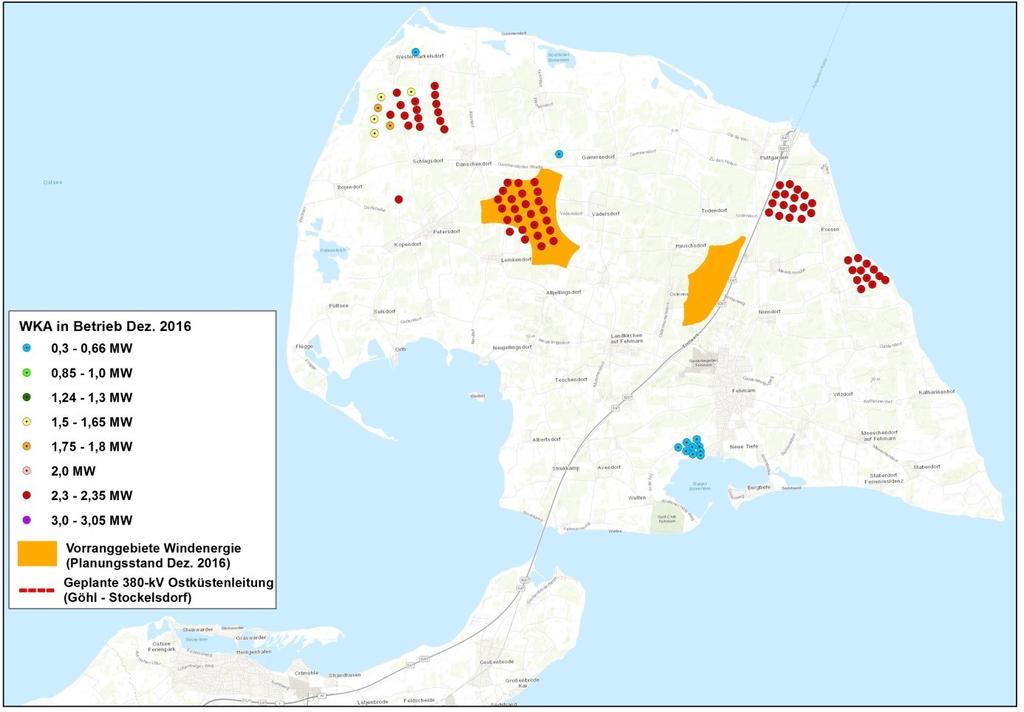 Karte 3: Aktuelle WKA-Standorte und Anlagenleistung in Fehmarn (Quelle: Landesplanung SH und Bundesnetzagentur)